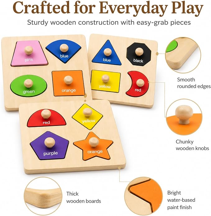 Wooden Shape Color Sorting Puzzle Toys for Toddlers, 4 Pack Montessori Peg Puzzles for Ages 2-4, Preschool Learning Toys for Shape Recognition, Fine Motor Skills, Gifts for Kids Boys Girls 1 2 3 4 - Image 5