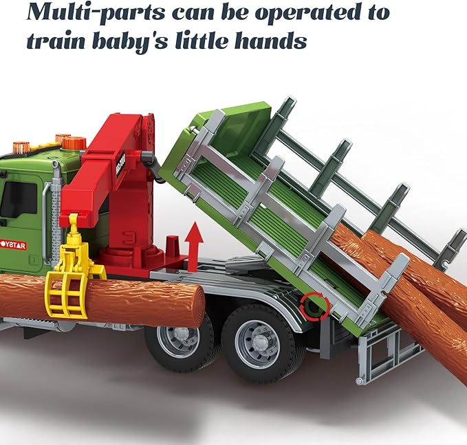 15 Inch Friction Powered Timber Truck Toy with Loading Crane, 6 Wooden Logs & Lights/Sounds - Play Vehicle Gift for Boys Girls Kids Ages 3-7