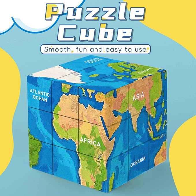 World Map 3D Cube Educational Toy, Geography Learning Puzzle, 6 Continents and Oceans - Image 2
