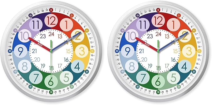XFM 2 Pieces Colorful Learning Clock for Kids 8 Inch Silent by XFMWallClock
