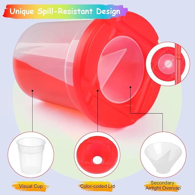 Mkobon 10 PCS No Spill Paint Cups with Colored Lids and Brushes for Kids, Spill Proof Paint Brush Cleaner Cup, Toddler Water Cups for Painting, Arts and Crafts Supplies, for Acrylic Paint, Watercolor