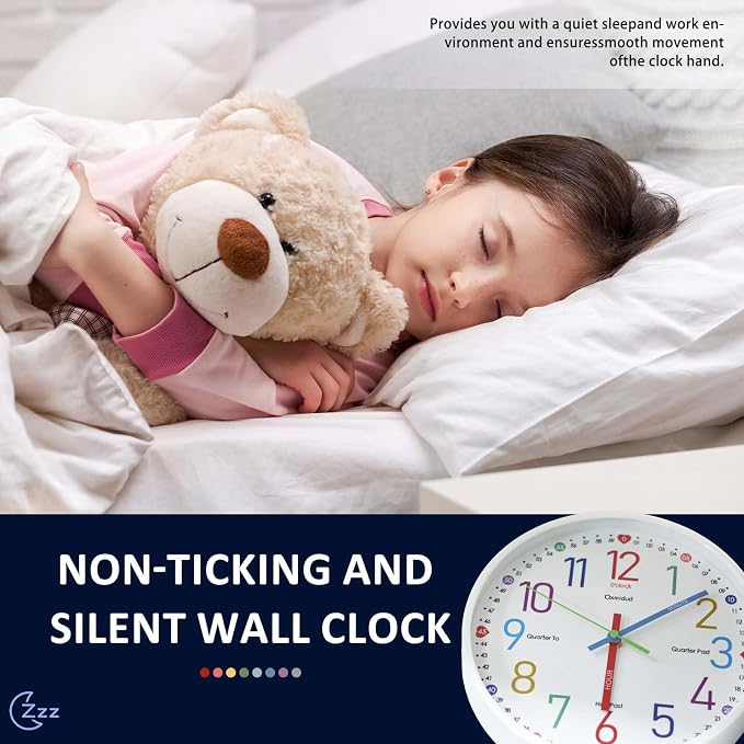 Learning Clock for Kids,10'' Silent Non-Ticking Teaching to Tell Time Colorful Wall Clocks for Children's Room Bedroom Classroom Home Decor, Gifts for Christmas Birthday (White) - Image 6