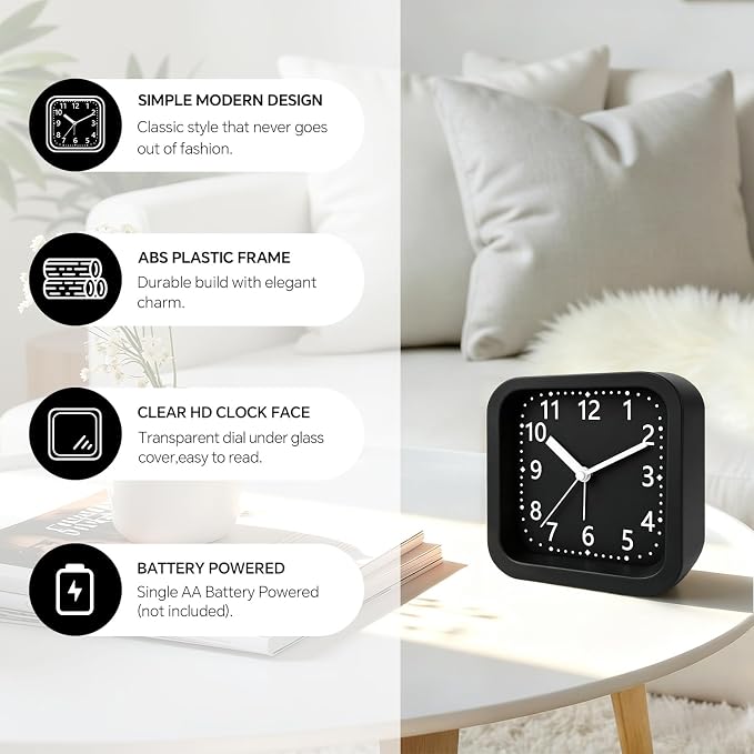 Loud Alarm Clock for Heavy Sleepers Adults, 4.5" Simple Plastic Battery Operated Alarm Clock with Silent Movement, Easy-to-Read Number, Bedside Desk Clock for Bedroom Teens Seniors, Black - Image 6