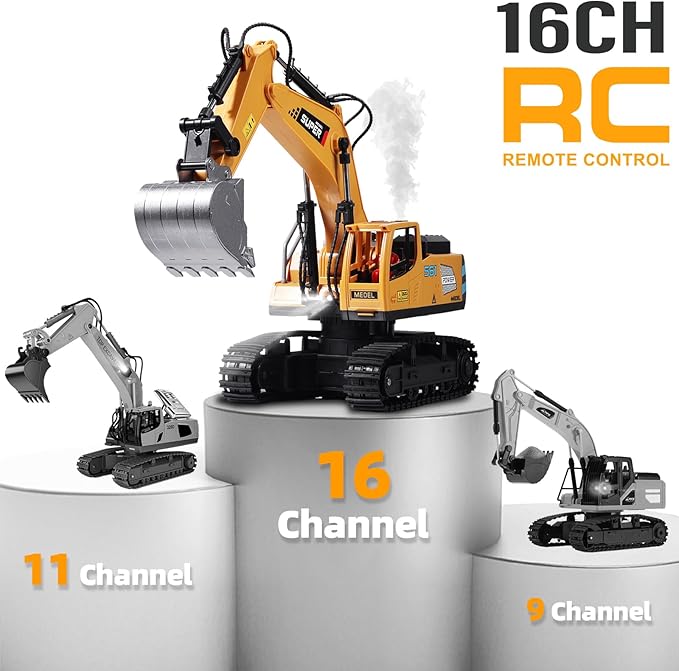 Remote Control Excavator Toys for Boys,16 Channel RC Excavator Construction Toys with Metal Shovel & Light,Simulated Smoke,Christmas Birthday Gift Toy for Boys 3-5 4-7 8-12 Year Old Kids
