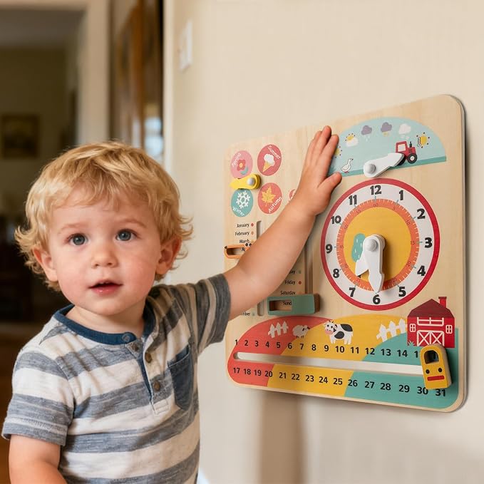 Costzon Montessori Kids Daily Learning Clock Toy, Wooden Educational Learning Clock Toy About Season, Weather, Day, Night, Month, Week & Date, Toddlers Daily Calendar for Preschool Boys Girls Aged 3+ - Image 8
