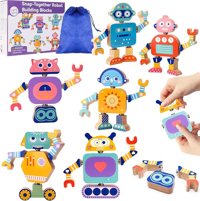 33-Piece Wooden Snap-Together Take-Apart Robot Building Blocks for Kids 3-6 by Liangding