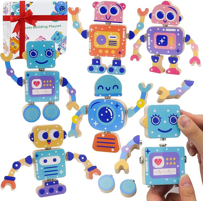 28-Piece Wooden Snap-Together Take-Apart Robot Building Blocks for Kids 3-6 by Liangding