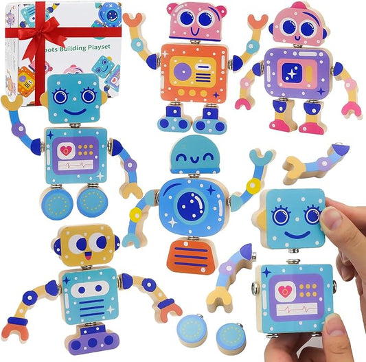 28-Piece Wooden Snap-Together Take-Apart Robot Building Blocks for Kids 3-6 by Liangding
