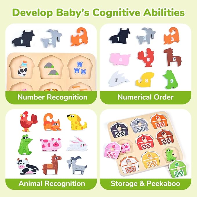 JoyCat Wooden Puzzles for Toddlers 1-3, Montessori Toys for 1 2 Year Old Boy Girl Birthday Easter Gifts, Animal Match Farm Peg Puzzles, Preschool Learning Toys for Toddlers Age 1-2