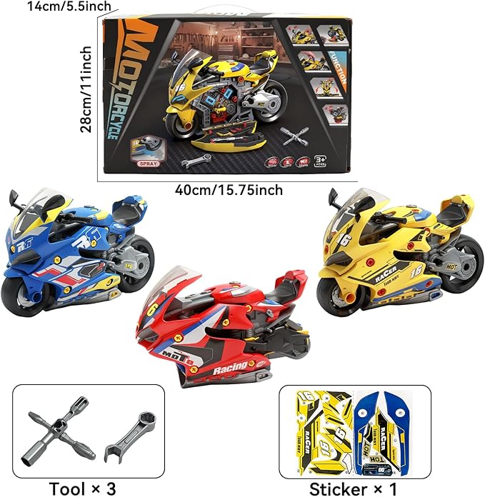 Take Apart Motorcycle Toys Kit, Motorcycle Model Toys for Kids Mechanic,Motorcycles Toy with Light, Sound & Spray for Toddlers 3+ Kids,Interactive Toy Engine Building Kit, Yellow