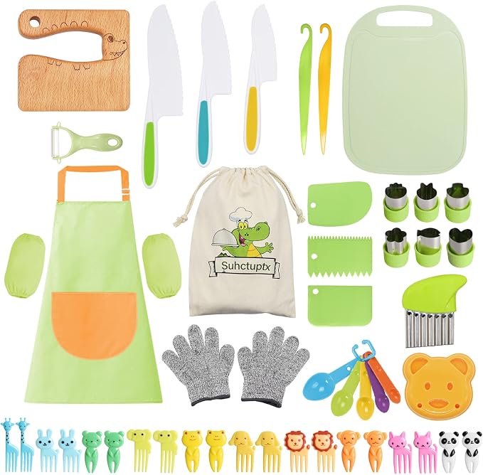 50PCS Kids Kitchen Cooking Set - Crocodile Wooden Kid Safe Knife Cutting Board Apron Gloves Fruit Vegetable Crinkle Cutters Peeler Serrated Edges Plastic Toddlers Knives, Kids Knifes for Real Cooking by SuhctuptxAccompanyUInLife