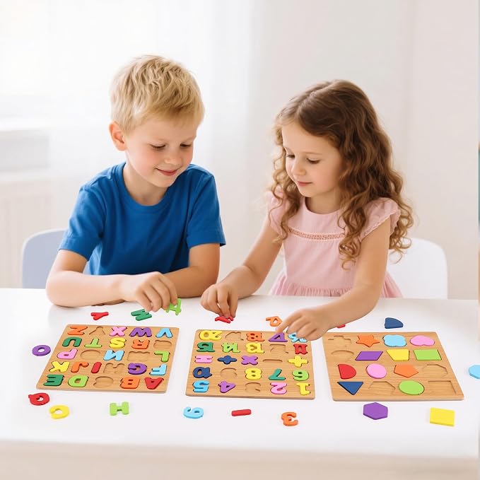 Alphabet Wooden Puzzles for Toddlers 3-5, Pack of 3 ABC, Number and Shape Puzzle, Preschool Educational Learning Toys with Puzzle Board & Letter Blocks for Girls Boys Ages 3 4 5 Years Old - Image 3