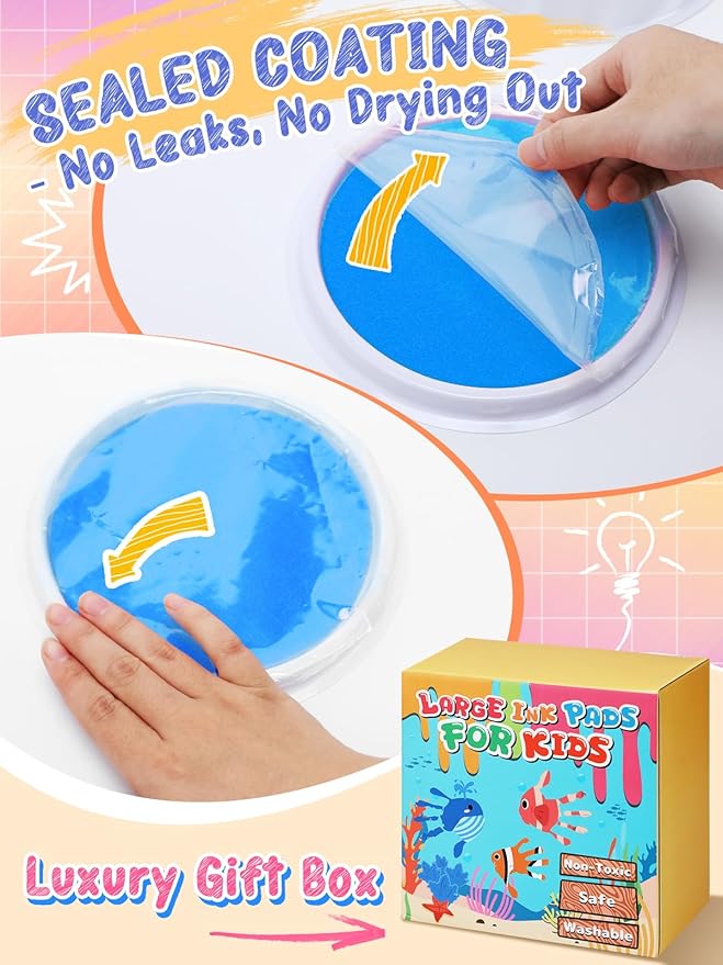 7'' Large Washable Ink Pad for Kids Handprint & Footprint - Safe & Non-Toxic Ink Pads for Stamps, Finger Paint Pads Preschool Classroom Must Haves, Toddlers Crafts, Birthday Gifts, 8 Colors