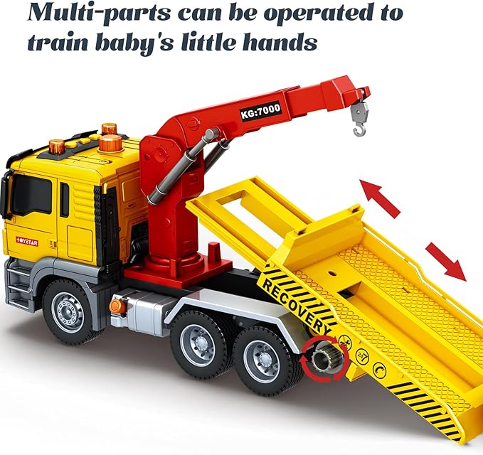 Friction Powered 15 Inch Large Tow Truck Toy with Lights & Sounds, Movable Crane Arm, Tilt Ramp & Roadster - Vehicle Play Set Gift for Boys Girls Kids Ages 3-7