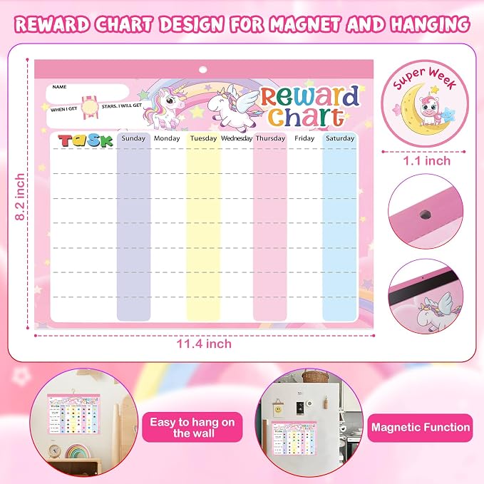 Magnetic Reward Chart for Kids at Home, Behavior Chart Pad with 26 Chore Charts, 1680 Star Stickers, 84 Motivational Stickers to Develop Responsibility & Good Habits (Unicorn) - Image 3