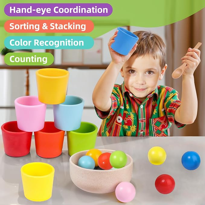 Rainbow Balls in Cups Toddler Montessori Toys (8 Balls, 1.4 in) - Image 2
