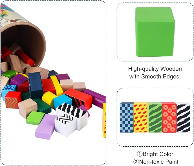 Offelec 50 Pcs Wooden Building Blocks Set with Storage Bucket, Montessori Stacking Blocks & Shape Sorting Toys for Toddlers, Preschool Learning Toys for Boys & Girls, Kids Brightly Colored Blocks - Image 6