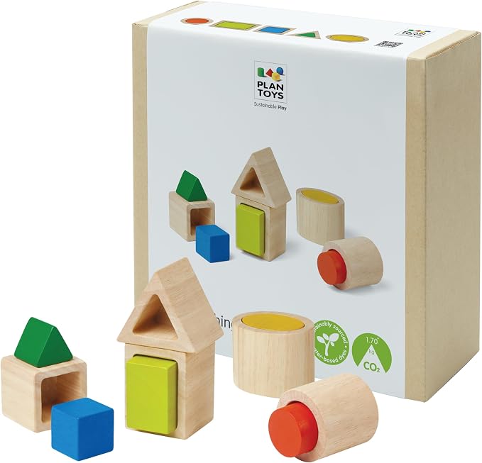 PlanToys® Geo Matching Blocks Wooden Shape Sorting Toy for Kids Ages 2+ by PlanToys