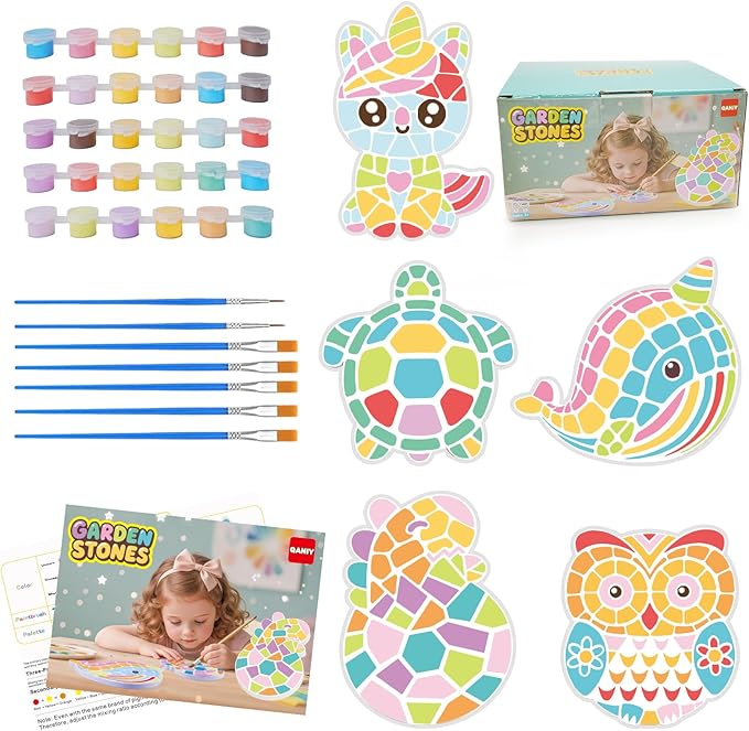 QANIY Stepping Stones Painting Kit for Kids Ages 4-12,5 Pack Outdoor Garden Stone Crafts,Outdoor Art & Craft Activity Set, Creative Gift for Boys & Girls