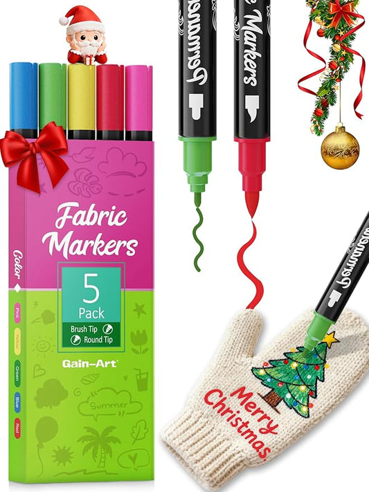 Fabric Markers Permanent for Clothes, Dual Tips Fabric Paint Pens No Bleed for Canvas, T-Shirts, Bags, and Textile - Quick Dry & Non-Toxic for Kids Adults, 5 Pack