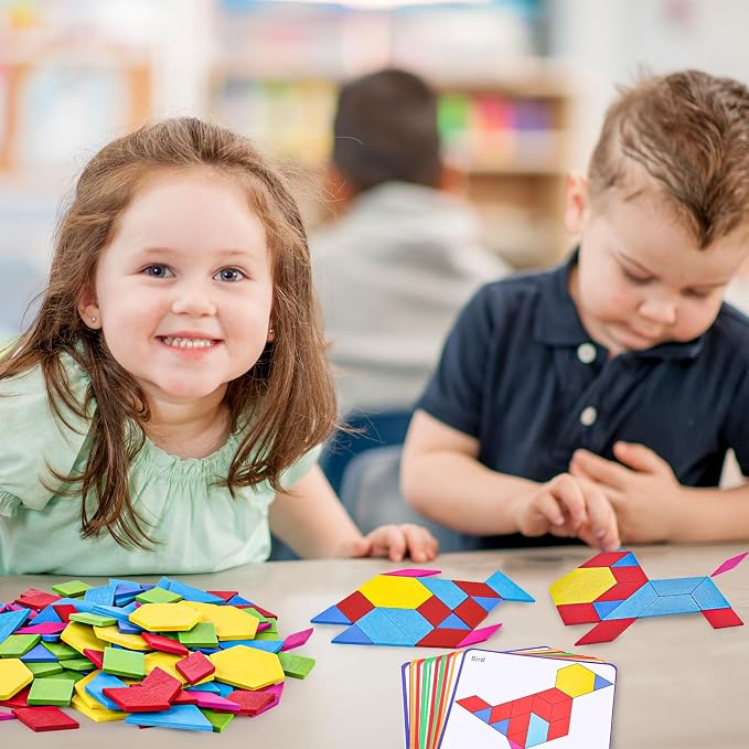 3 otters Wooden Pattern Blocks Shapes for Kids, Geometric Tangram Puzzle with Activity Cards, 150 PCS Educational Toy (Pack of 2) - Image 4