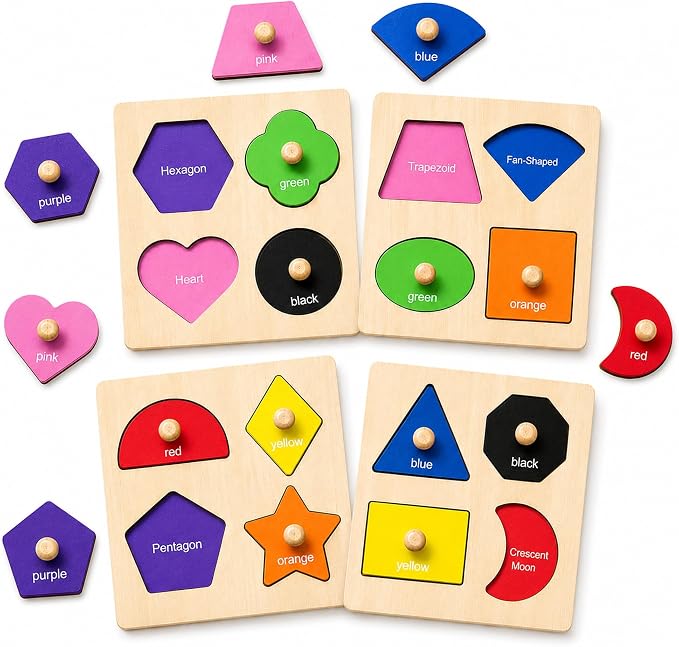Wooden Shape Color Sorting Puzzle Toys for Toddlers, 4 Pack Montessori Peg Puzzles for Ages 2-4, Preschool Learning Toys for Shape Recognition, Fine Motor Skills, Gifts for Kids Boys Girls 1 2 3 4 by SloticDirect