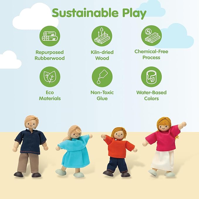 PlanToys® Wooden Dollhouse Family Set– Light Skin & Blonde Hair| 4 Poseable 1:12 Scale Doll House People | Montessori Pretend Play Figurines | Eco-Friendly Sustainable Wooden Toy for Kids