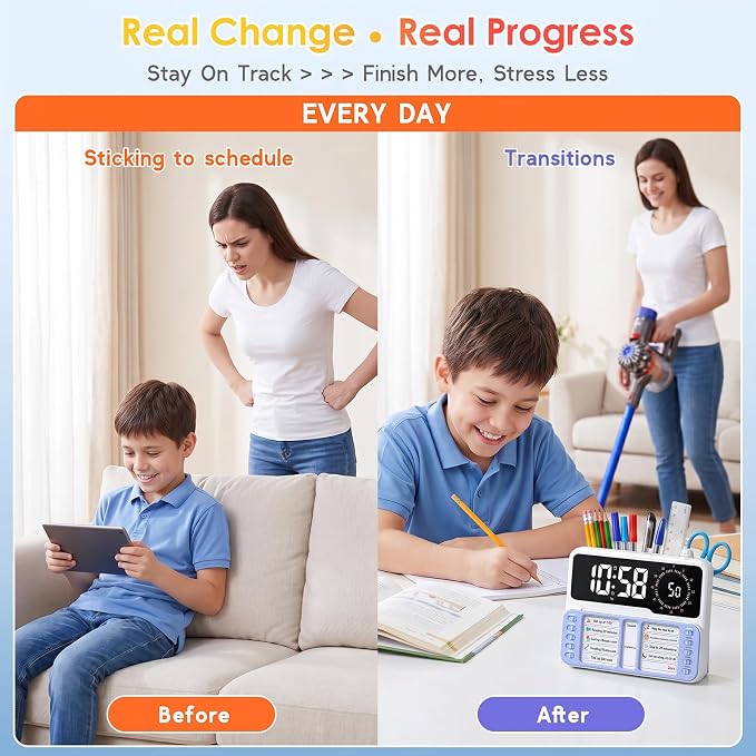 7-in-1 Visual ADHD Timer for Kids with Chore Chart Board, ADHD Tools Schedule for Kids with Autism, Alarm, Countdown, Date, Temperature, Storage, Daily Checklist for Home/School/Classroom/Desk(Blue) - Image 5