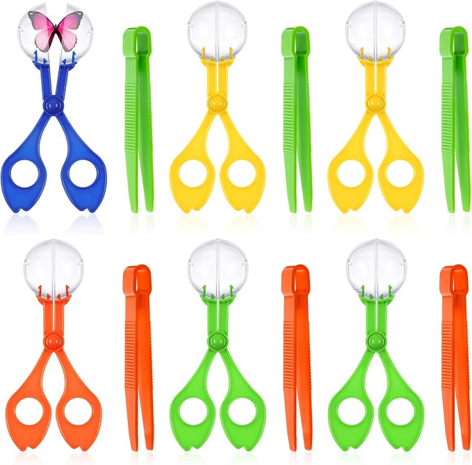 Mudder 12 Pcs Sensory Bin Tools, 6 Bug Catching Tweezers & 6 Scoopers, Hands Fine Motor Tool Set, Fine Motor Skills Toys Backyard Explorer Outdoor Tool Nature Exploration Observation by Mudder