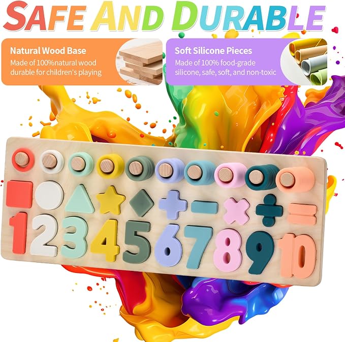 Silicone Montessori Number Puzzle Toys for Toddlers, Counting & Shape Sorting Educational Toy for 3 4 5 Year Old Boys Girls, Preschool Math Learning Board Gift, Colorful Silicone Stacking Toy - Image 4