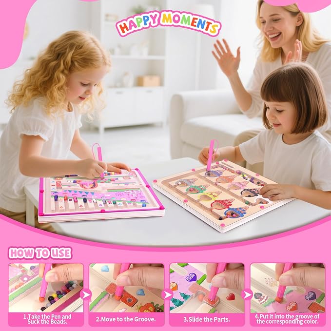 wakeInsa 2 in 1 Magnetic Color and Number Maze,Montessori Toy for Toddler Girls,Wooden Magnet Balls Puzzles,Toddler Busy Board Game,Preschool Learning Activities (Princess & Ice Cream) - Image 6