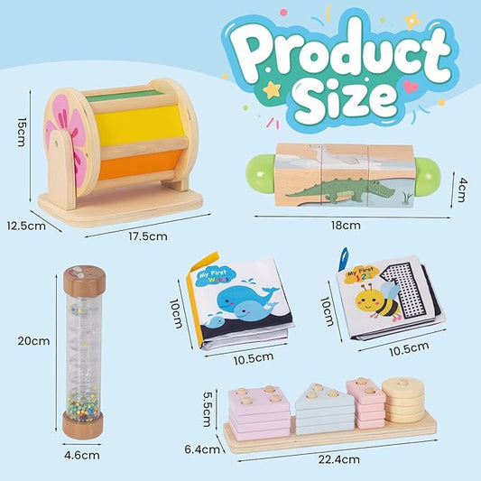 Wooden Baby Toys, 6-in-1 Newborn Learning Educational Sets Includes Mirror Spinning Drum, Rain Stick, Soft Cloth Books, Shape Sorter, Baby Roller - Christmas Birthday Gift for Boys Girls