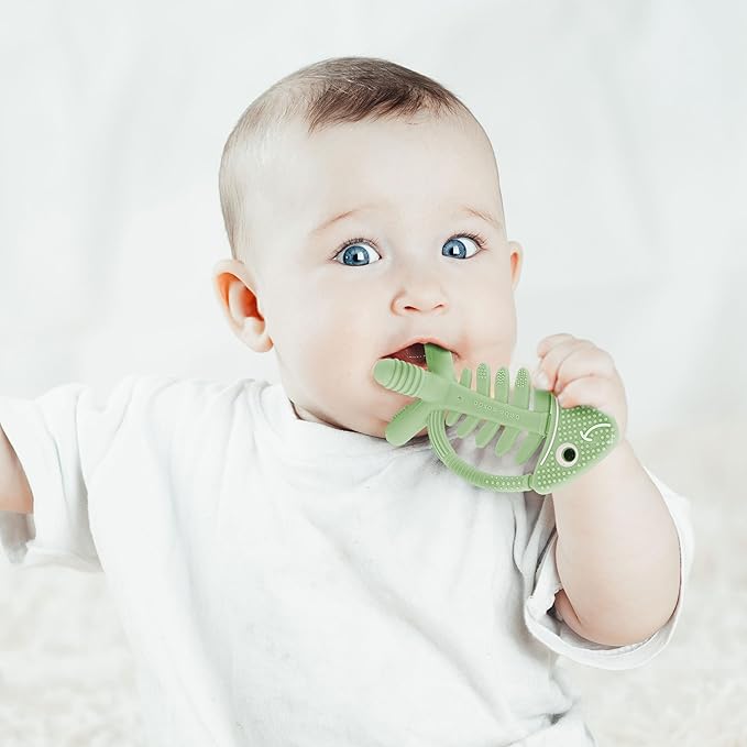 3 in 1 Infant Toys, Baby Teething Toys 3–6 6–12 Months, Teethers for Babies 0–3–6–12 Months for Teething Relief, Baby Gift, Baby Teether Toys, Silicone Sensory Toys, USA Patent Pending, Fish (Olive)