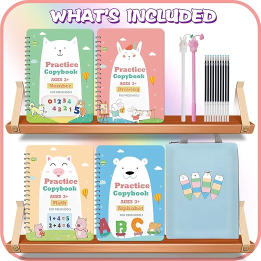 Upgraded Large Size Magic Practice Writing Copybook for Kids, Reusable Copybook Preschool - 4 Books with Pens - Blue Bag - Image 4