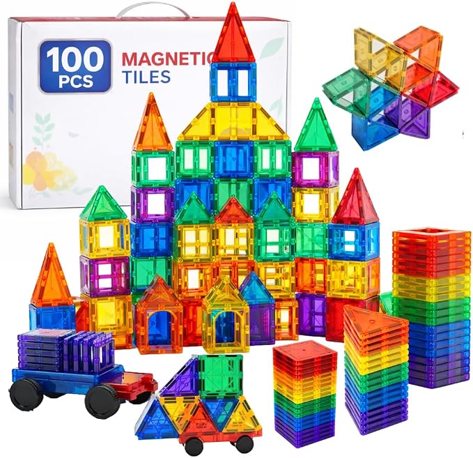 ME JO 100 PCS, Magnetic Building Blocks for Kids, Magnetic Tiles, STEM Educational Toy with Car Base, Strong Magnets Construction Set for Toddlers & Kids Birthday Gifts 3 4 5 6 7 8 9 + by MEJO