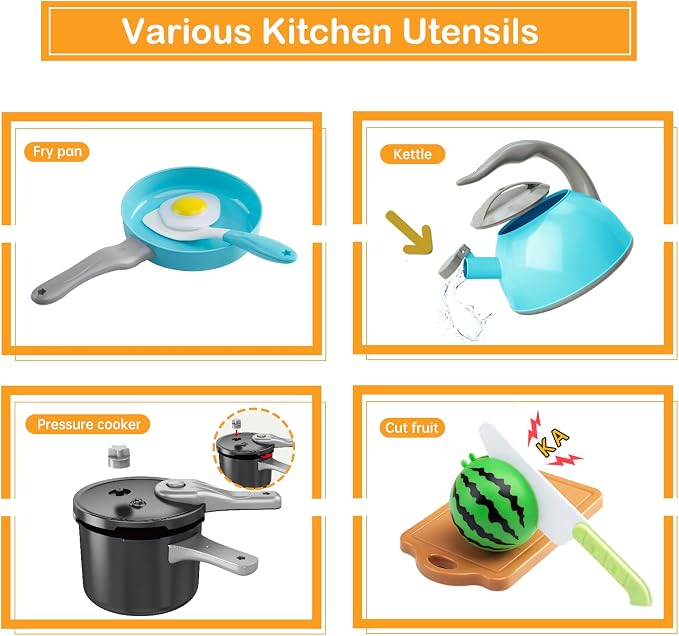 130Pcs Kitchen Playset, Toddler Pretend Cooking Play Pots, Pans, Utensils Cookware, Daily Food Fruit Veges, Shopping Storage Basket, Dessert, Prop Money, Learning Gift for Child (Turquoise) - Image 4