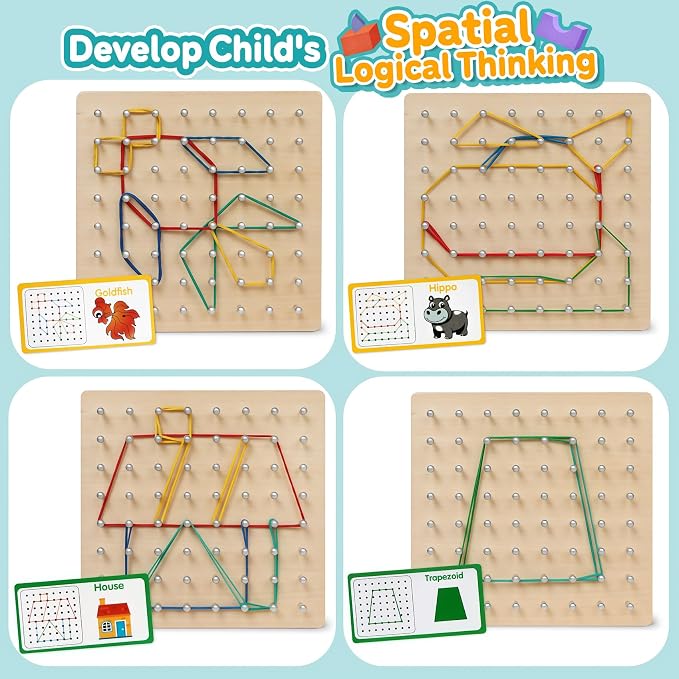 Wooden Geoboard, Montessori STEM Toy with Pattern Cards for Kids Ages 3+ - Image 2