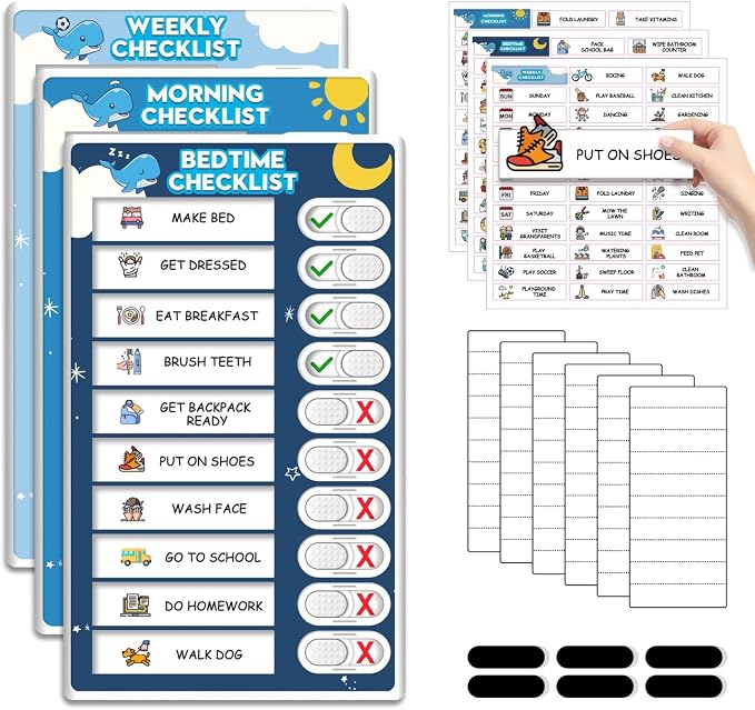 Upgraded Slider 3 in 1 Bedtime/Morning/Weekly Routine Chart for Kids, Magnetic Chore Chart for Kids with 99 Stickers, Cute Visual Schedule for Kid by BOXVERIA