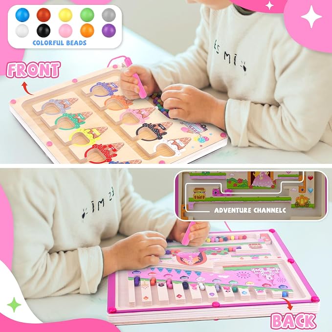 wakeInsa 2 in 1 Magnetic Color and Number Maze,Montessori Toy for Toddler Girls,Wooden Magnet Balls Puzzles,Toddler Busy Board Game,Preschool Learning Activities (Princess & Ice Cream) - Image 5