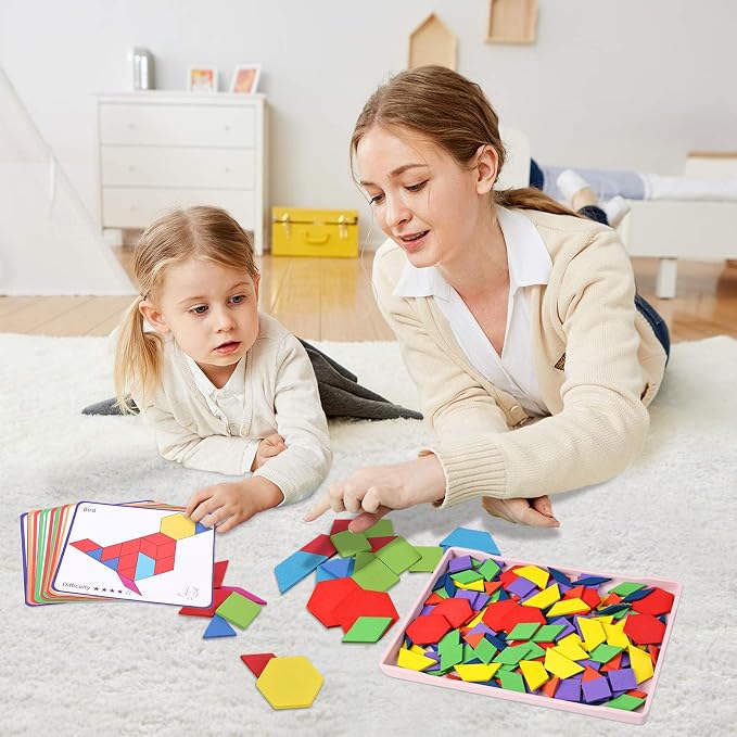 3 otters Wooden Pattern Blocks Shapes for Kids, Geometric Tangram Puzzle with Activity Cards, 150 PCS Educational Toy (Pack of 2) - Image 3