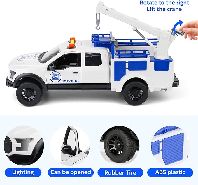 Pickup Truck Toy with Lights and Sound Effects, Featuring a Crane Function and Opening Doors,Toy Cars Gifts for 3+ Year Old Kids (Crane Pickup Truck)