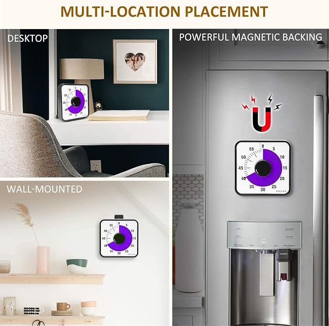Secura 60-Minute Visual Countdown Timer, 7.5-Inch Oversize Classroom Visual Timer for Kids and Adults, Durable Mechanical Kitchen Timer Clock with Magnetic Backing (Purple) - Image 6