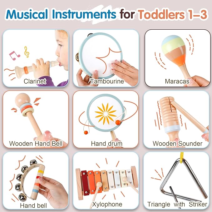 Wooden Toddler Musical Instruments Set, 9PCS Kids Montessori Toys, Baby Toys with Xylophone & Drum, Educational Gift for Ages 1, 2, 3 Year Olds