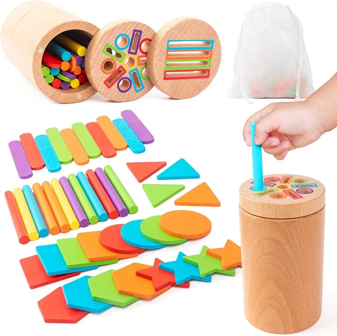 Montessori Wooden Toddler Toys， 3-in-1 Fine Motor Skills Learning Set ，Educational Color Sorting Sensory Toys for 3+ Year ， Teaches Object Permanence & Cause-Effect ，Gifts for Boys & Girls by WecharmKids