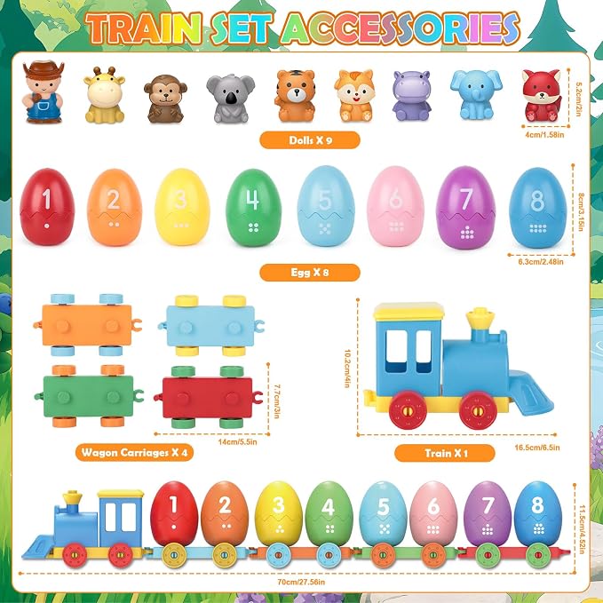 Grarain Toddler Train Toy Set with Farm Animal Finger Puppets & Eggs, Montessori Educational Color Number Sorting Matching Learning Toys for Kids Boys Girls 1-3 Year Old, Fine Motor Gifts - Image 5