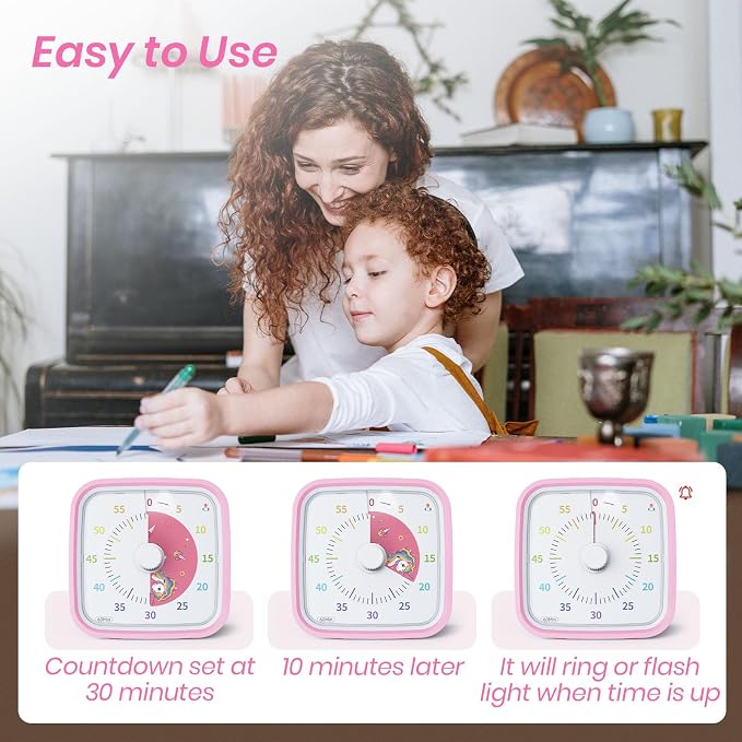 Yunbaoit Unicorn Visual Timer for Kids, Silent 60-min Countdown Timer, Pink - Image 3