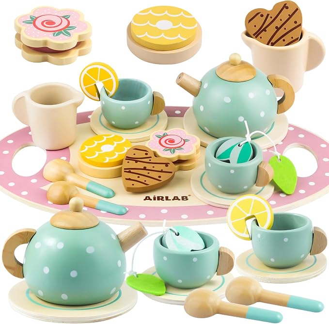 Wooden Tea Set for Little Girls Play Food Pretend Play for 3 4 5 Years Old by AirlabStudio