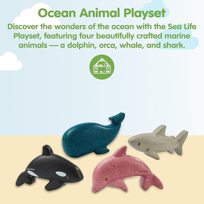 PlanToys Wooden 4 Animal Sea Life Ocean Animal Playset (6129) | Sustainably Made from Rubberwood and Non-Toxic Paints and Dyes | Eco-Friendly PlanWood