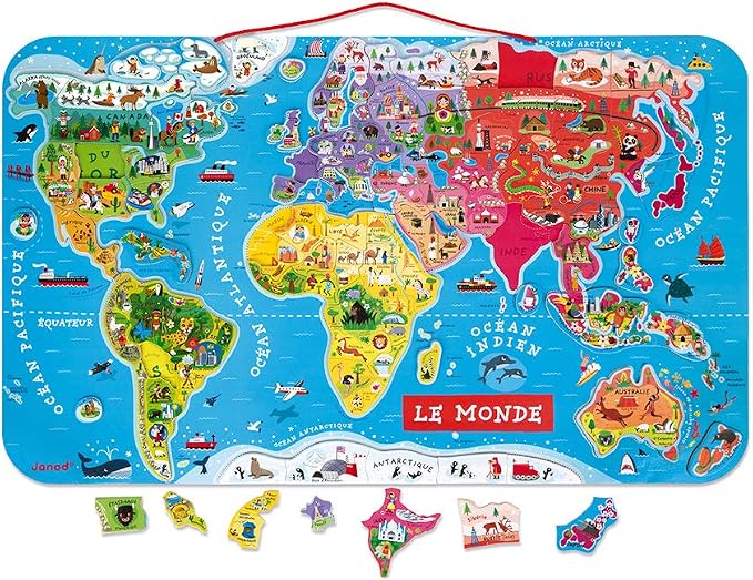Janod J05500 Wooden Magnetic World Map Puzzle 92 Pieces, French Version - Image 2
