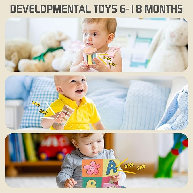 Montessori Toys for Babies 6-12 Months,1 Year Old,8 in 1 Baby Sensory Toy for 12-18 Months Toddler,Wooden Educational Development Toys with Soft Stacking Cup&Sensory Ball&Tissue Box